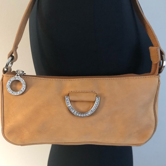 Vintage Suede Y2K Hype Acorn Tan Leather Rhinestone Small Shoulder Bag - Picture 2 of 8